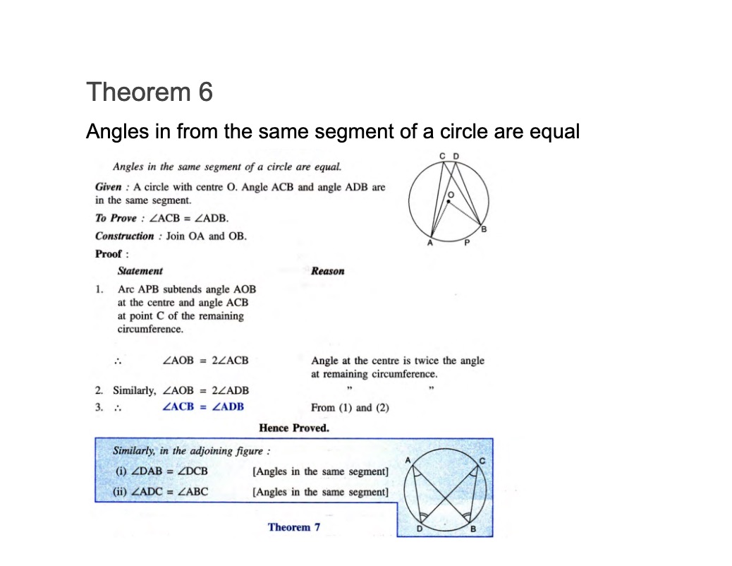 Math theorem screenshot: Angles in the same segment of a circle are equal